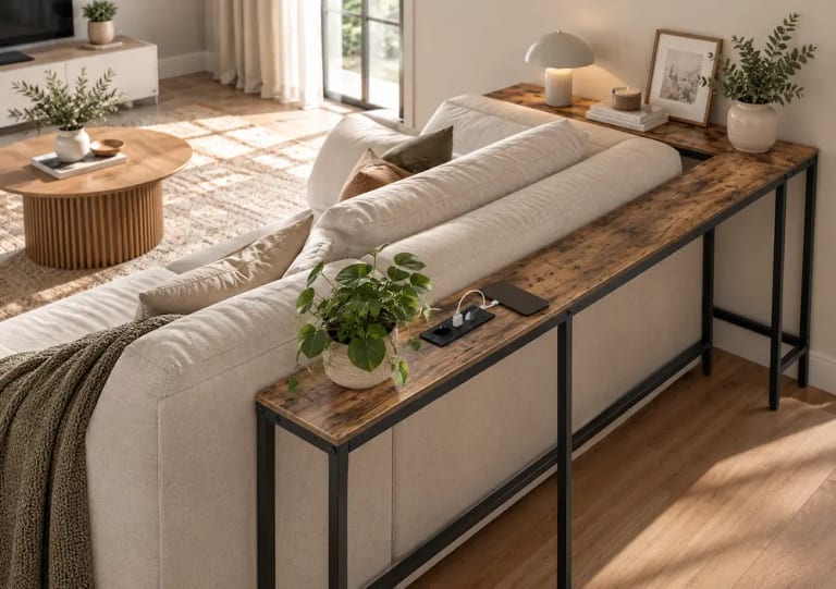 Meuble avec prises installé derrière un canapé dans un petit salon