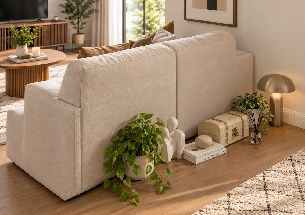 Petit salon encombré avec manque de rangement autour du canapé