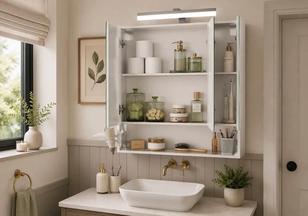 Miroir armoire dans une petite salle de bain