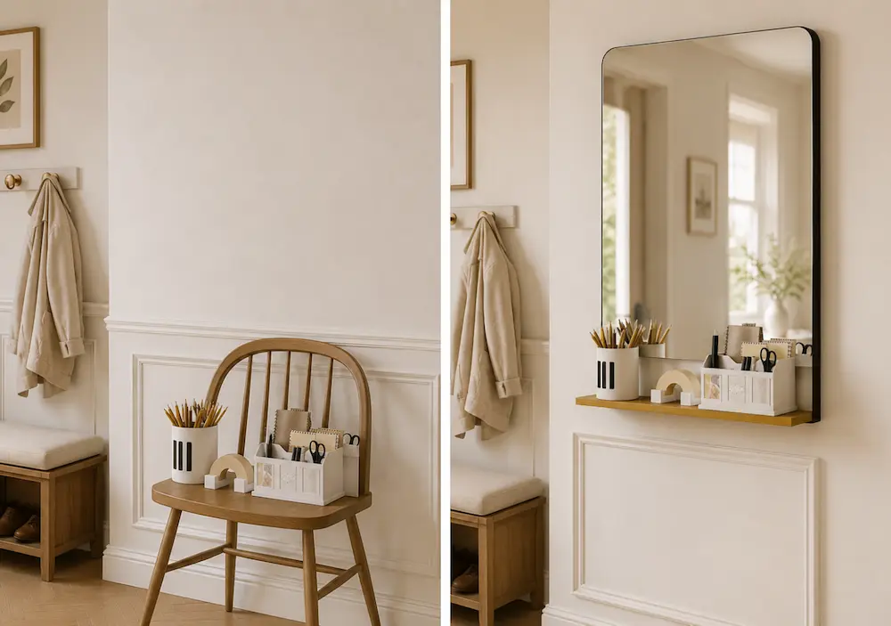 Avant après avec un miroir à étagères