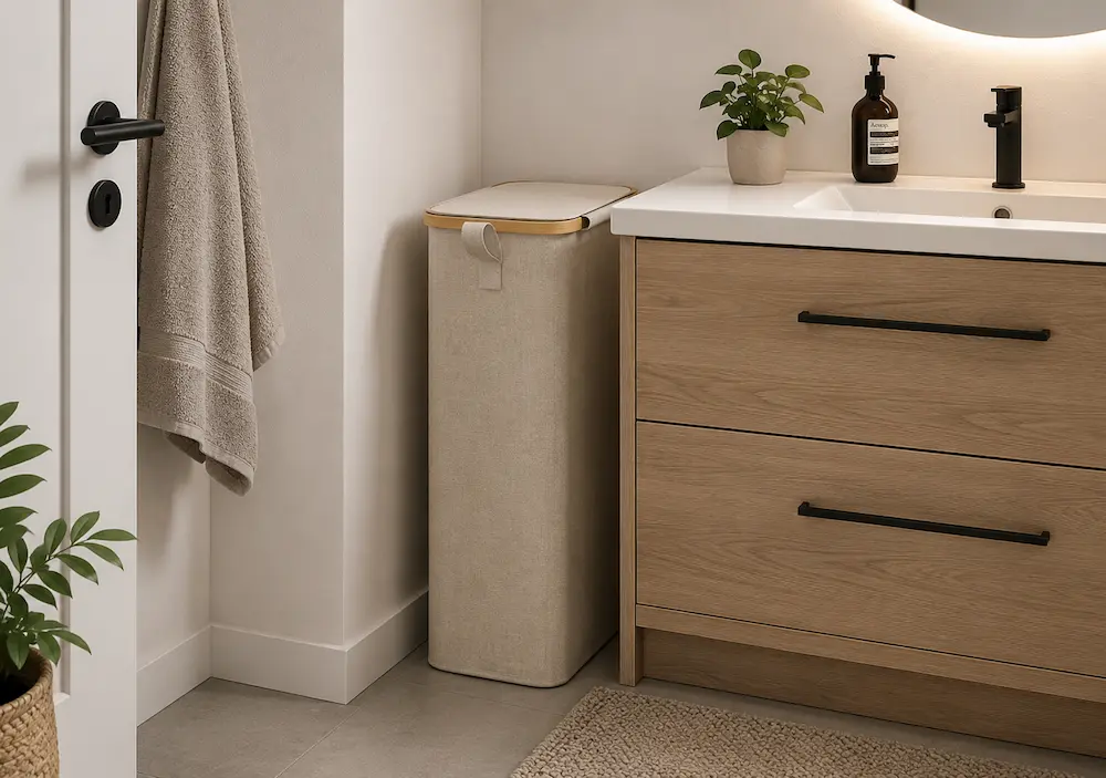 Panier à linge étroit entre un meuble et une machine à laver