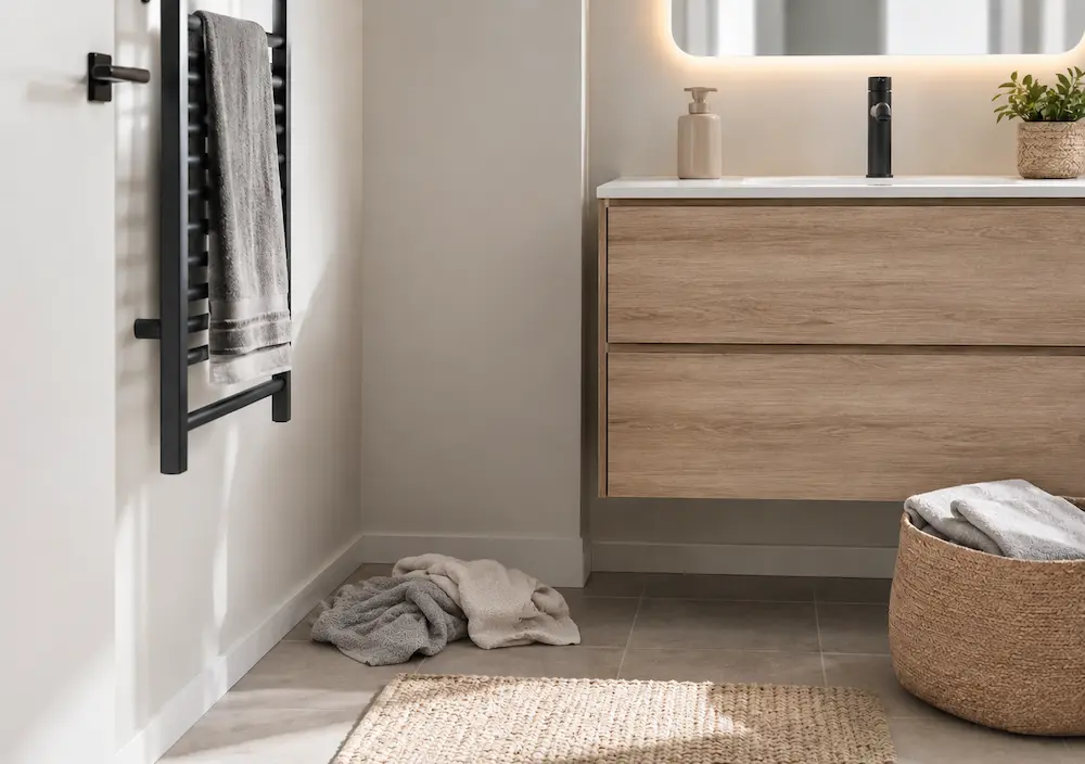 Linge sur le sol de la salle de bain