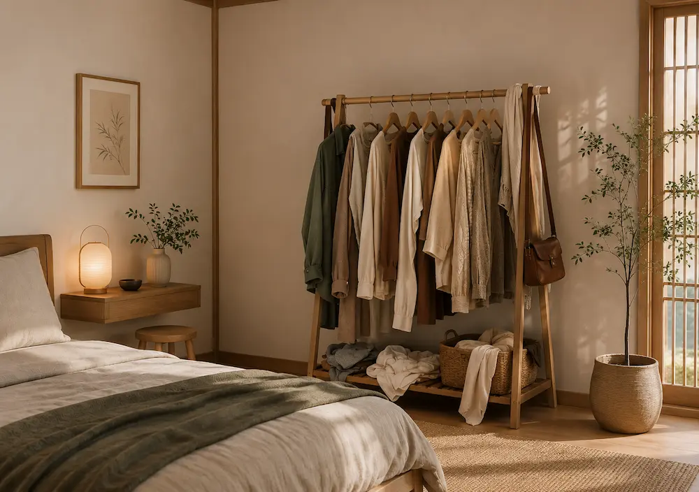 Petite chambre encombrée par des vêtements et des meubles de rangement