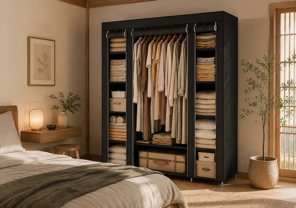 Penderie avec étagères utilisée dans une petite chambre moderne