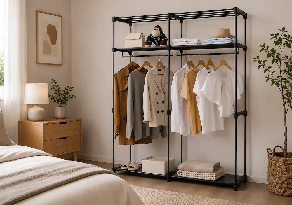 Petite chambre avec vêtements visibles sur une penderie ouverte