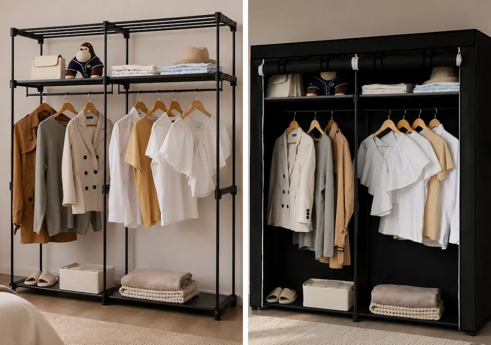 Avant après avec une penderie avec housse dans une petite chambre