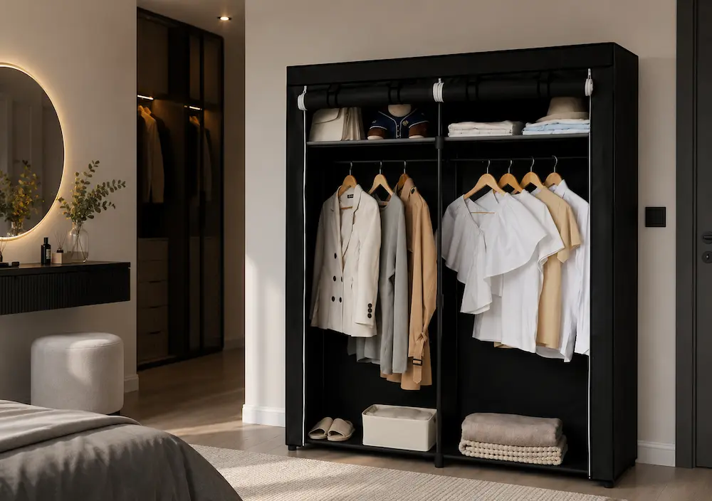Penderie avec housse installée dans une petite chambre