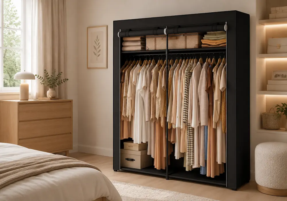 Organisation d'une penderie avec housse dans une petite chambre