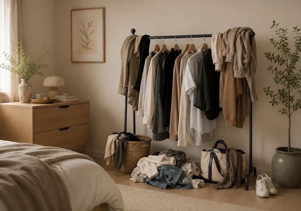 Petite chambre encombrée par un rangement fixe pour vêtements