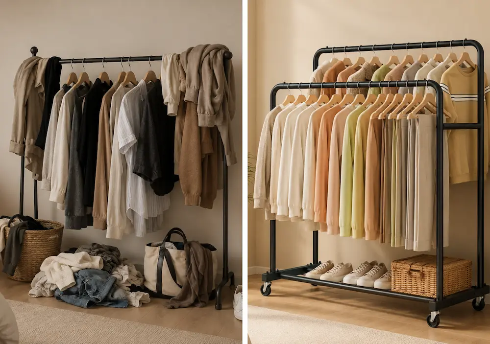 Avant après avec une penderie sur roulettes dans une petite chambre