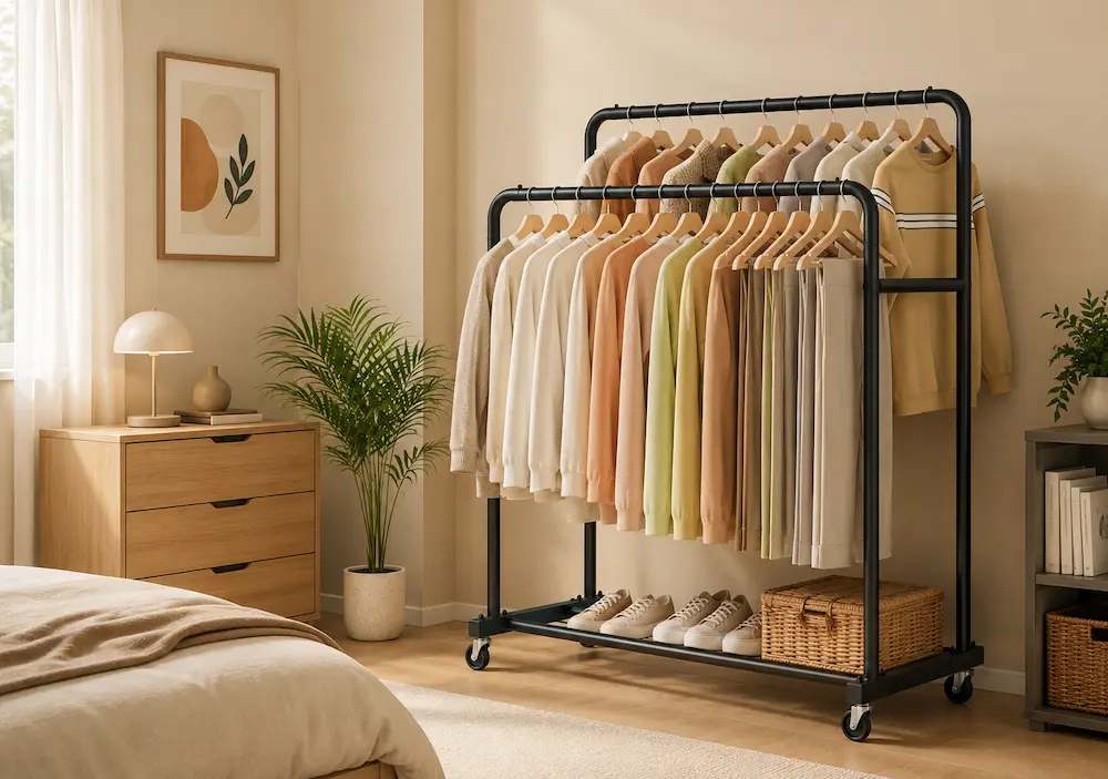 Penderie mobile sur roulettes dans une petite chambre moderne