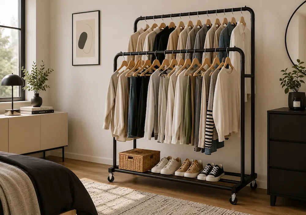 Organisation d'une penderie sur roulettes dans une petite chambre