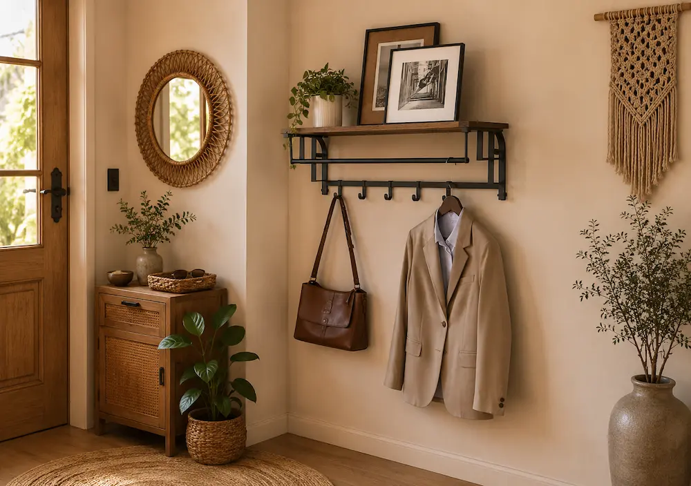 Utilisation d'un porte-manteau mural avec étagère