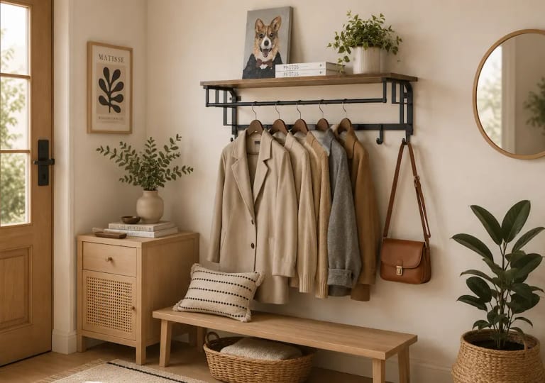 Porte-manteau mural avec étagère dans une petite entrée