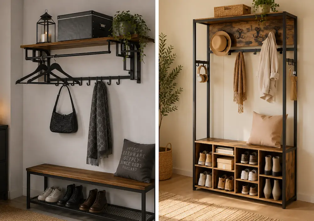 Comparaison entre un porte-manteau mural, un modèle avec banc et un vestiaire d'entrée