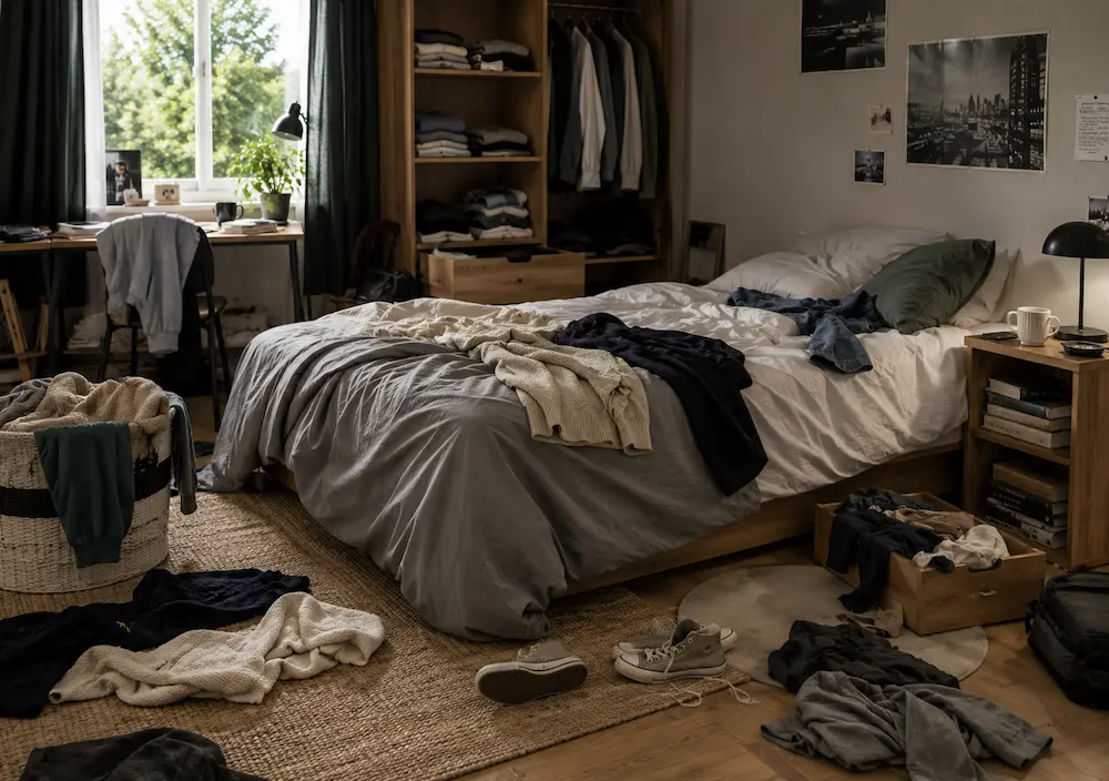 Chambre désorganisée avec manque de rangement pratique