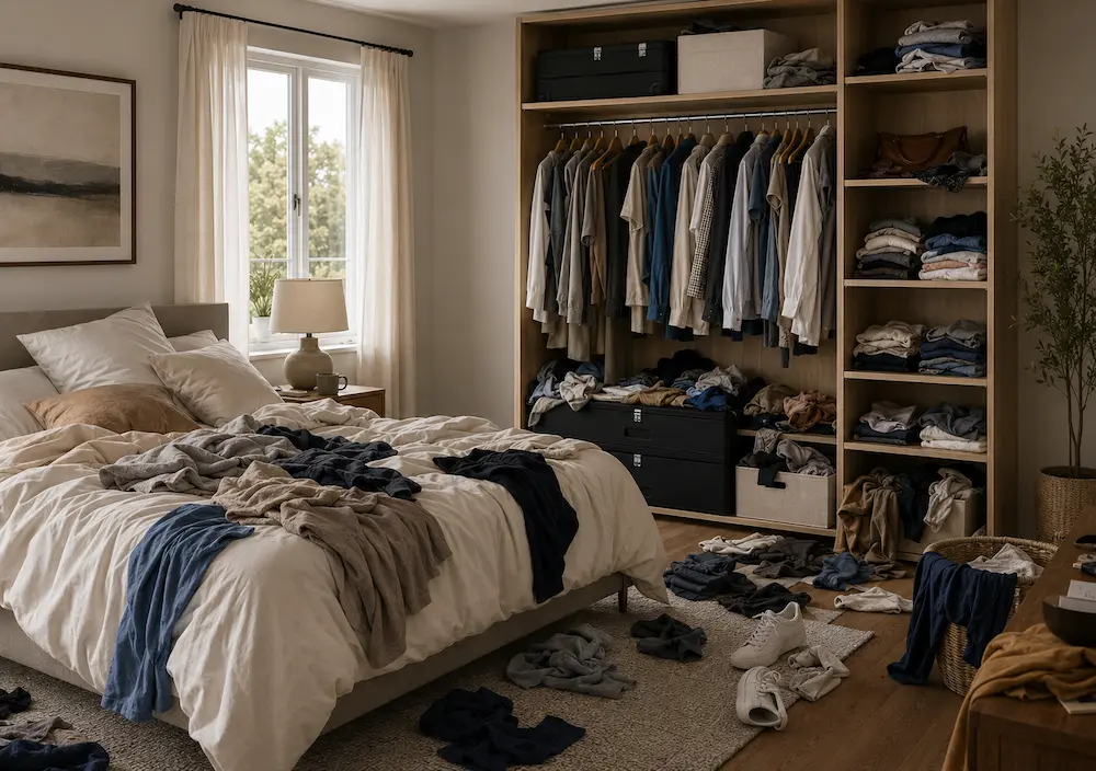 Chambre désorganisée avec rangement visible