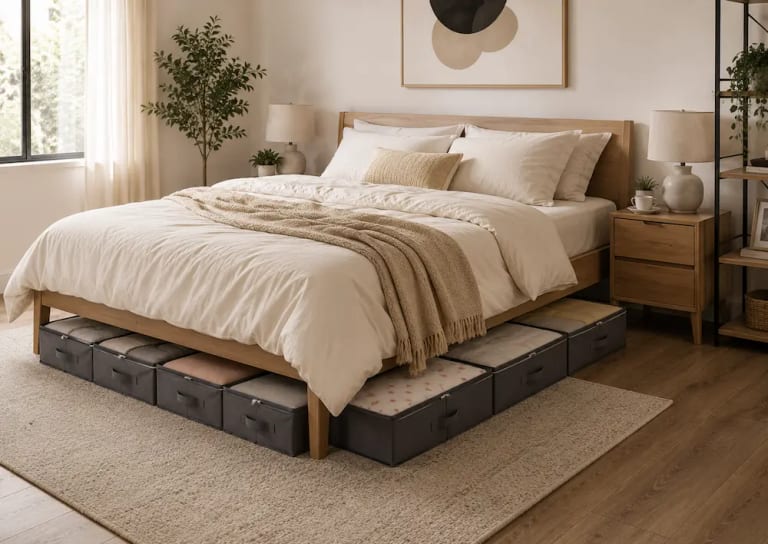 Rangement sous lit tissu design dans une petite chambre moderne