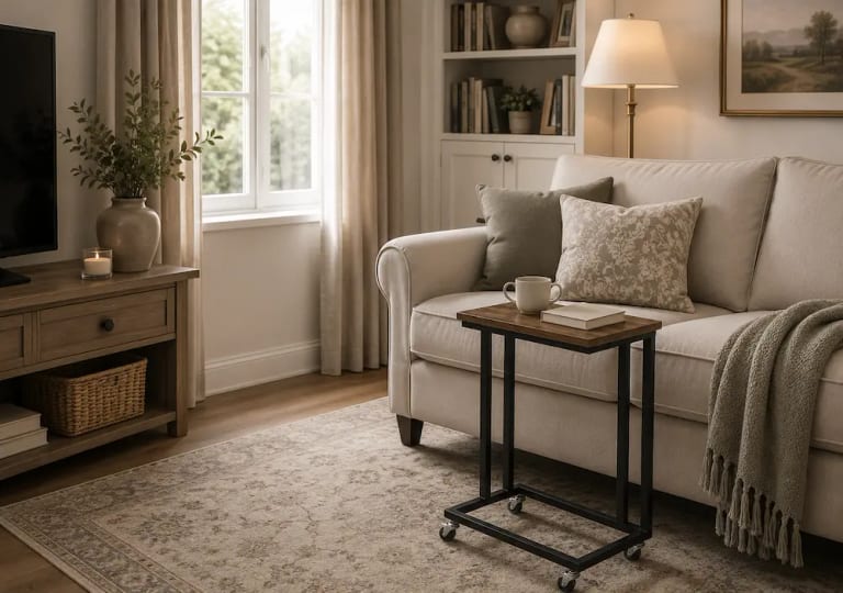 Table d’appoint roulante dans un petit salon moderne