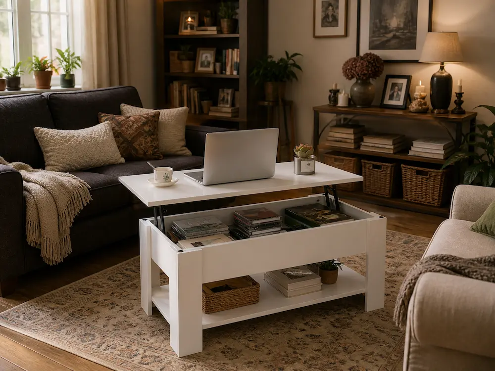 Table basse relevable compacte utilisée dans un salon
