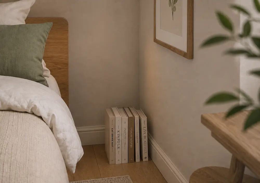 Petit espace inutilisé entre un lit et un mur