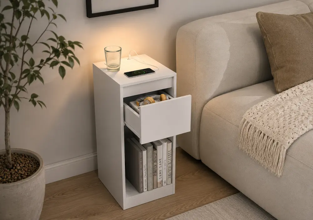 Organisation d'une table de chevet étroite dans une petite chambre