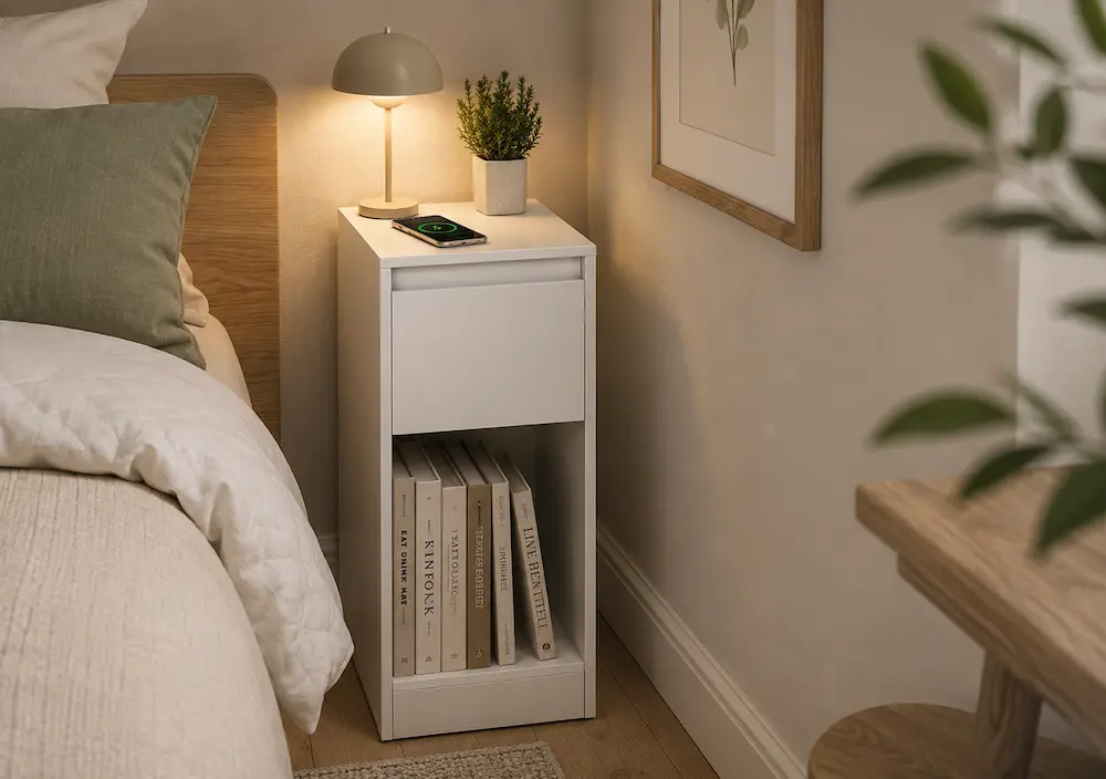 Table de chevet étroite utilisée dans une petite chambre