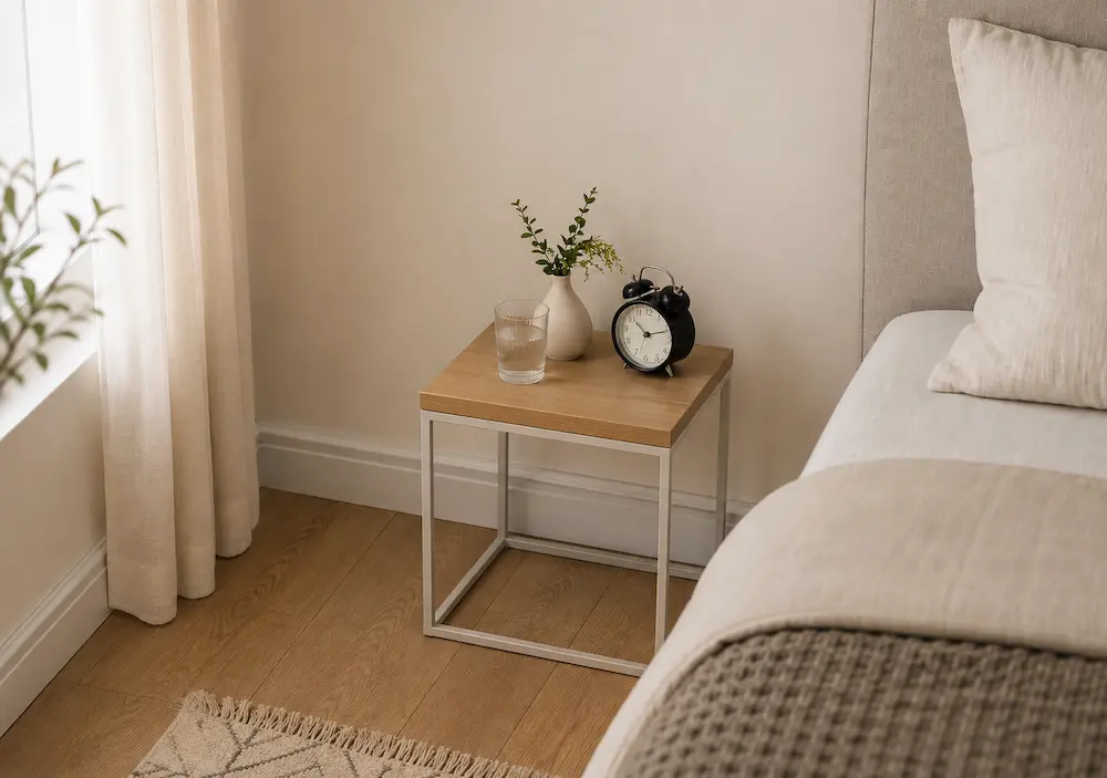 Chambre avec des objets accumulés sur une table de chevet
