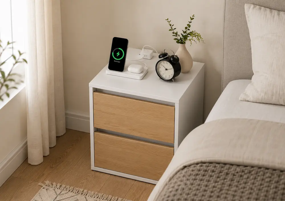 Table de chevet avec tiroir dans une petite chambre