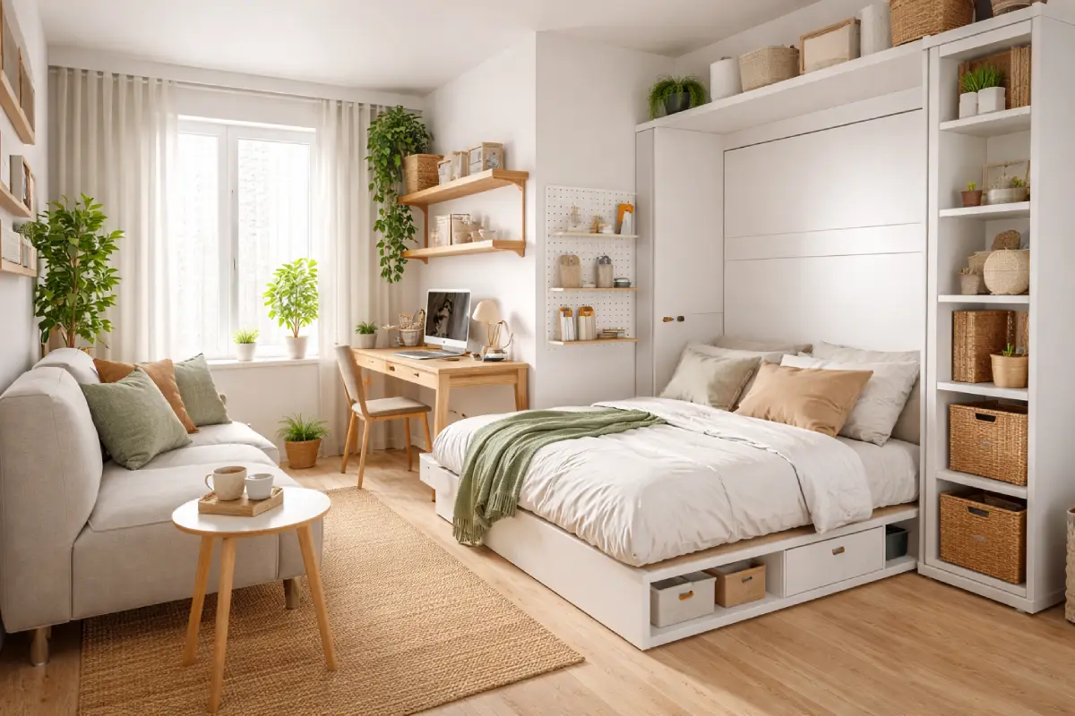 Petit studio lumineux et bien aménagé avec rangements intégrés, bureau compact et lit escamotable