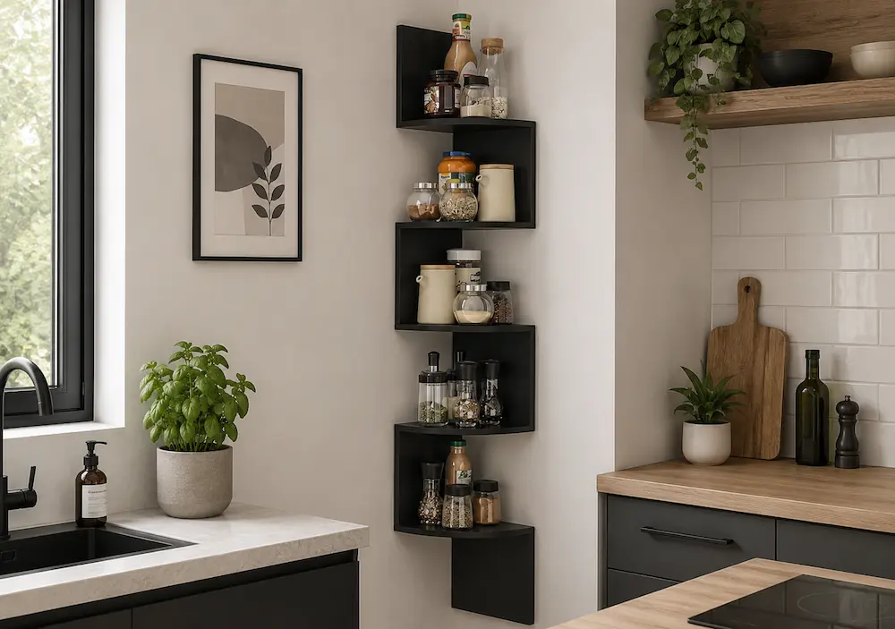 Étagère d'angle murale dans une petite cuisine