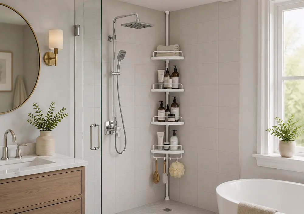 Étagère d'angle salle de bain dans un petit espace