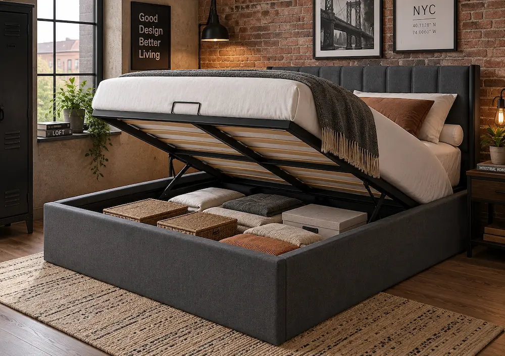 Lit coffre compact avec rangement dans une petite chambre