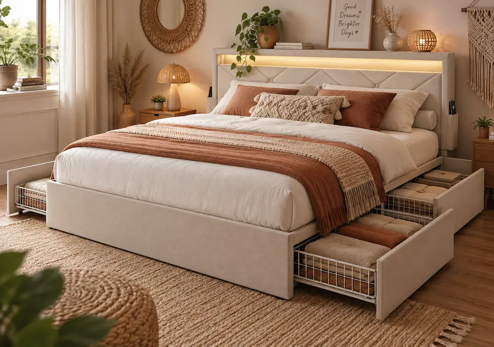 Lit coffre à ouverture latérale dans une petite chambre