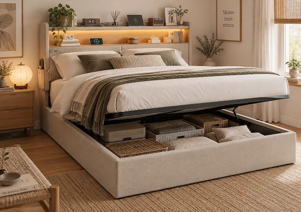 Lit coffre avec tête de lit rangement dans une petite chambre