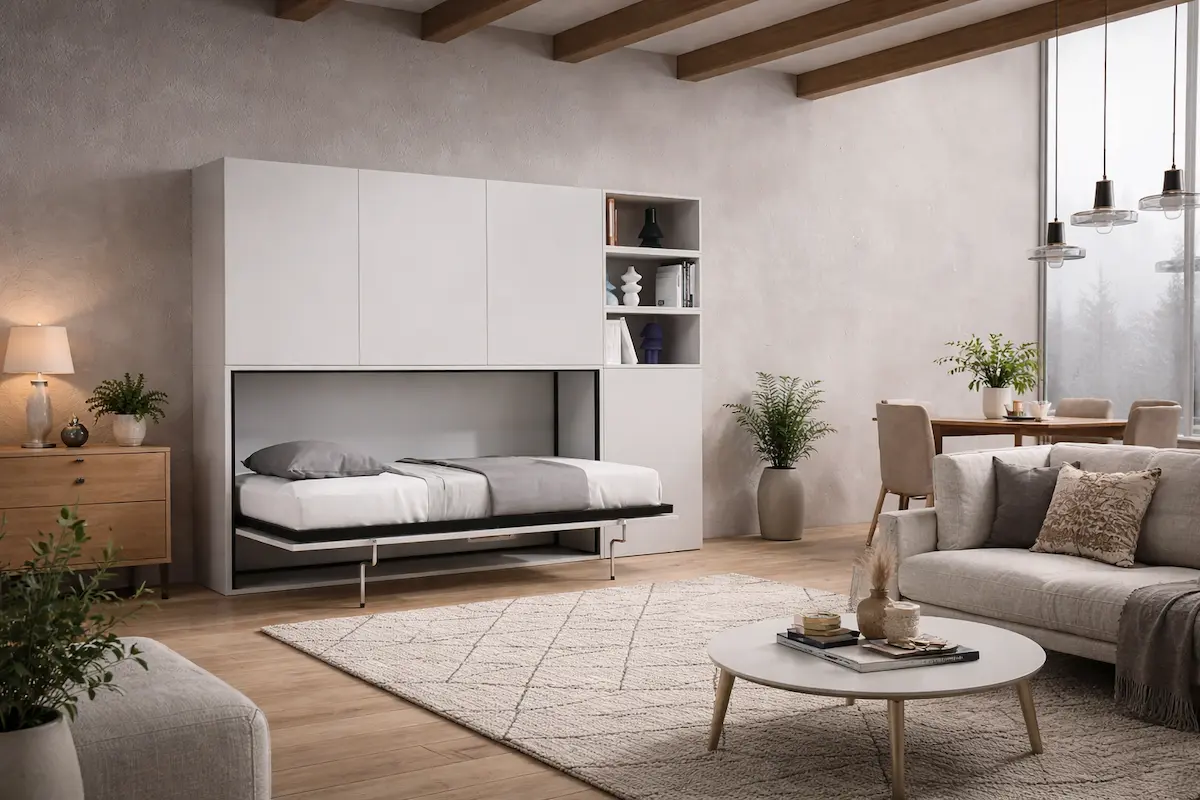 Lit escamotable horizontal dans une petite chambre moderne