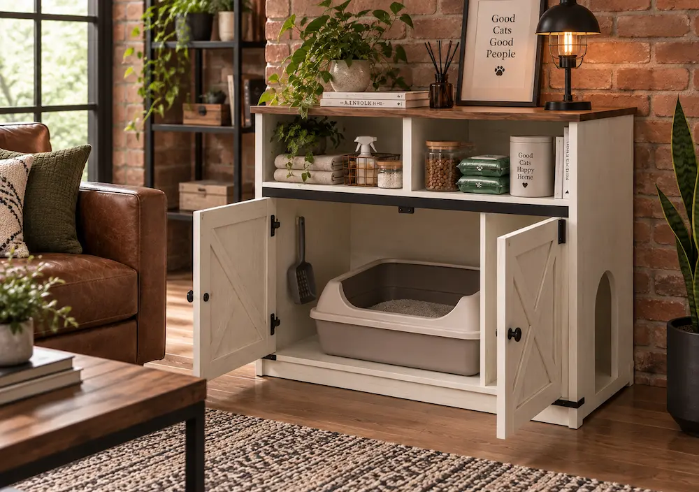 Meuble cache-litière avec rangement pour petit appartement