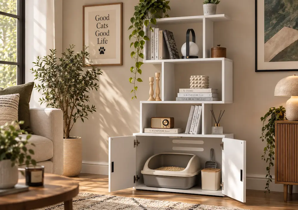 Meuble cache-litière vertical installé dans un petit appartement