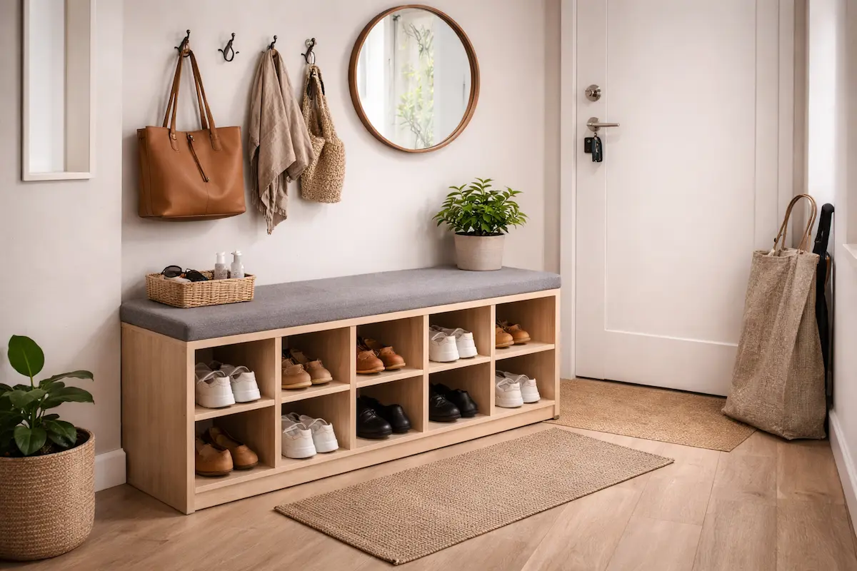 Meuble à chaussures avec banc dans une entrée