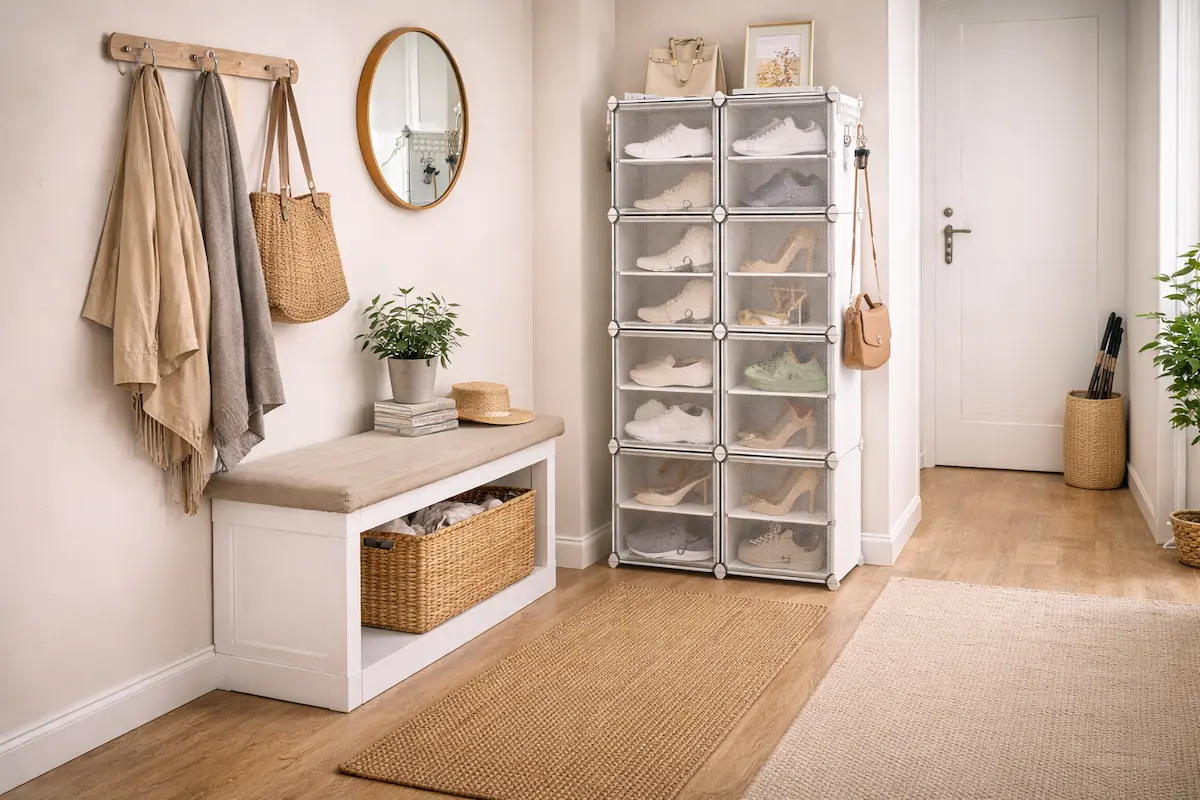 Meuble à chaussures vertical dans une petite entrée optimisée