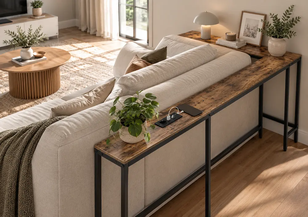 Meuble avec prises installé derrière un canapé dans un petit salon
