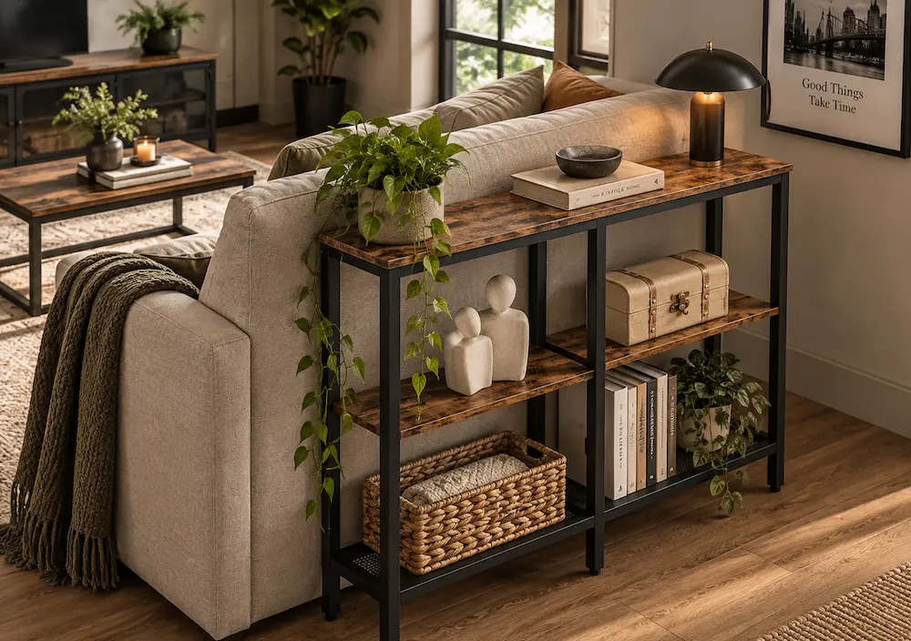 Meuble derrière canapé avec rangement dans un petit salon