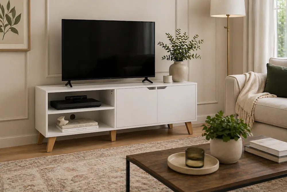 Meuble TV compact avec rangement dans un petit salon moderne