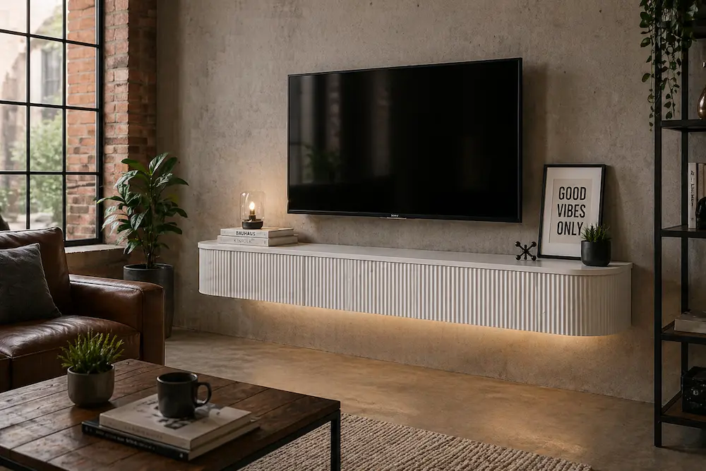 Meuble TV suspendu dans un petit salon moderne