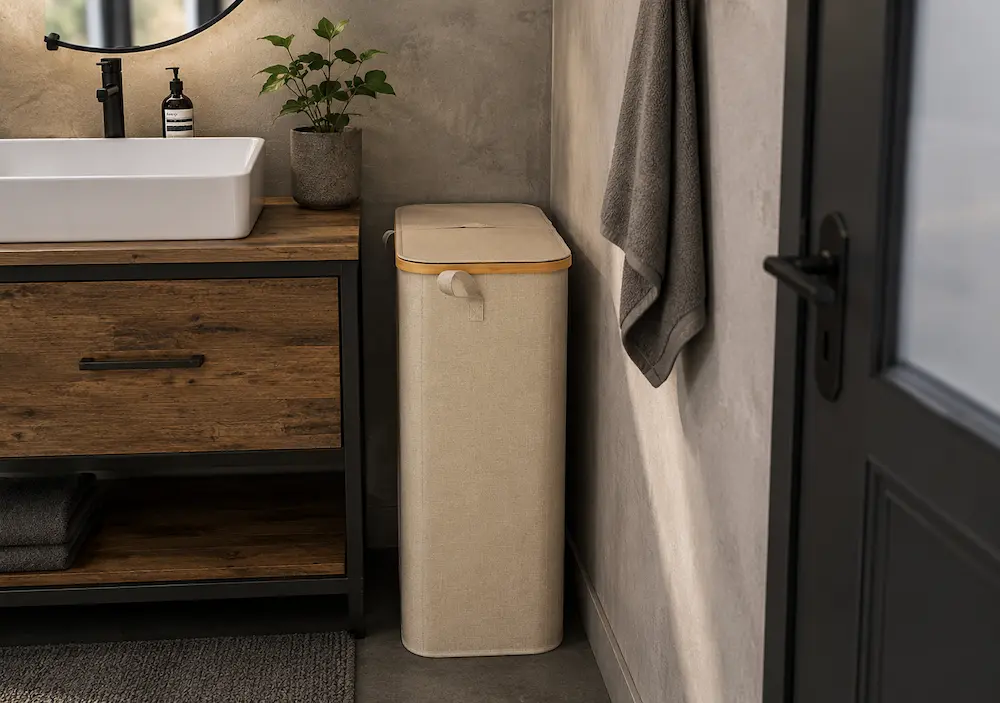 Panier à linge étroit dans une petite salle de bain