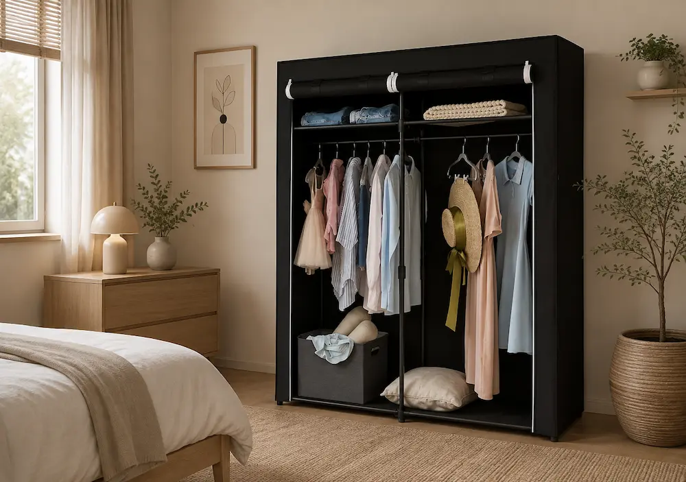 Penderie avec housse dans une petite chambre