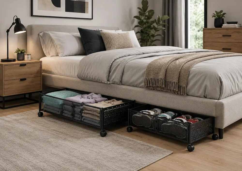 Rangement sous lit à roulettes dans une petite chambre moderne