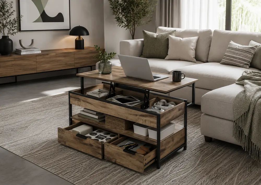Table basse relevable avec rangement