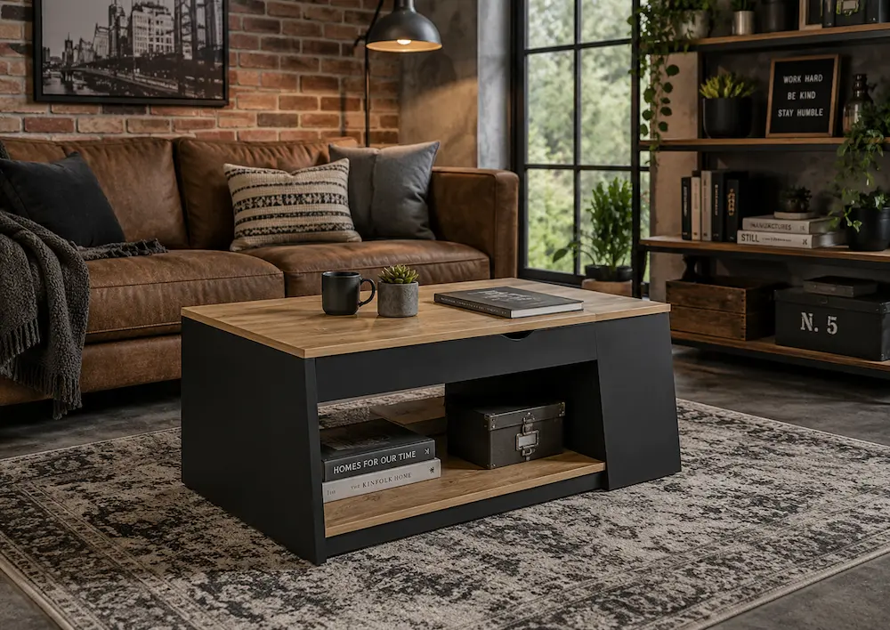 Table basse relevable stable dans un petit salon moderne