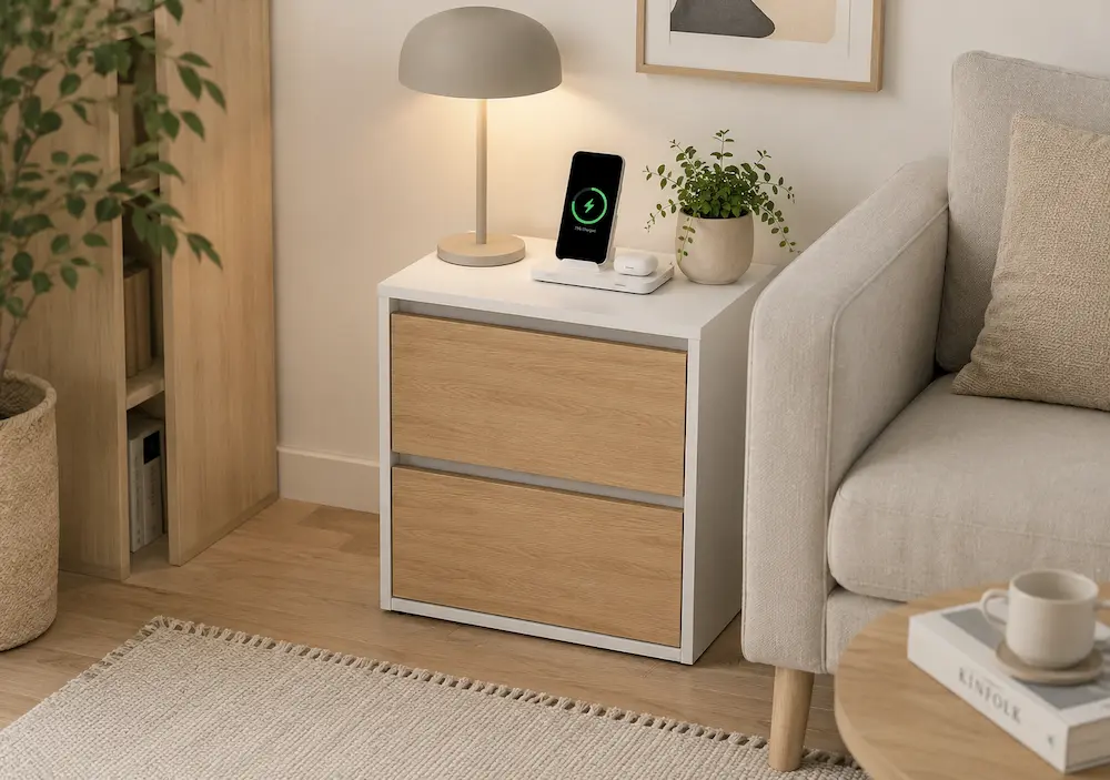 Table de chevet avec rangement dans une petite chambre